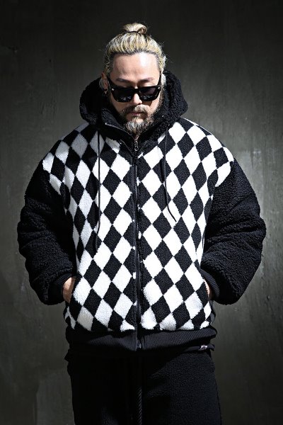 Checkerboard color fleece hooded zip-up