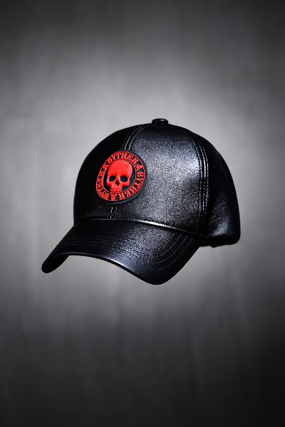 ByTheR Embossed Skull Louver Patch Leather Ball Cap Red