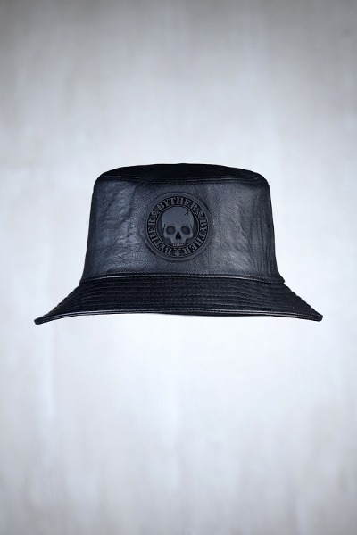 ByTheRByTheR Embossed Skull Louver Patch Leather Bucket Hat Black