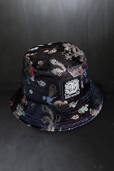 Mukha Square Embroidered Patch Traditional Bucket Hat Black