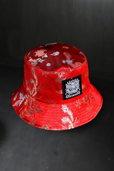 Mukha Embroidery Patch Oriental Fabric Bucket Hat Red