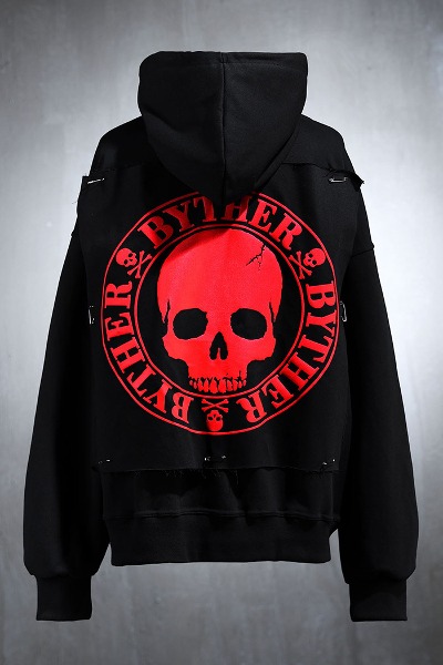 ByTheRByTheR embossed print black canvas patch hoodie