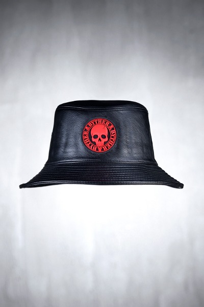 ByTheRByTheR Embossed Skull Louver Patch Leather Bucket Hat Red