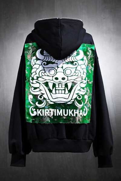 Mukha Green Oriental Fabric Patch Hooded Zip Up