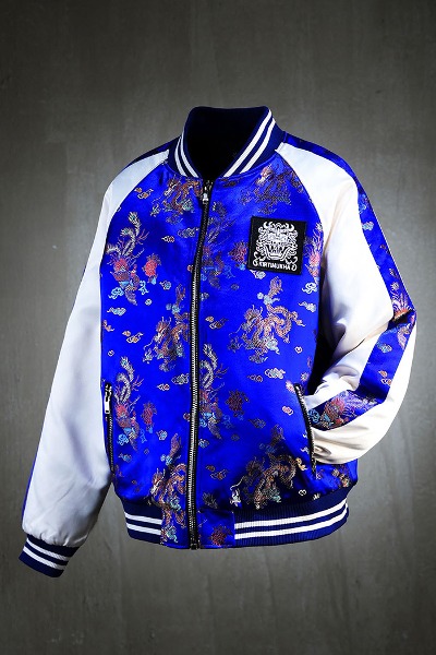 ByTheRMukha Oriental Phoenix Dragon Pattern Stadium Jacket Blue Z