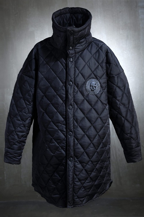 ByTheRByTheR Skull Louver Patch High Neck Diamond Quilted Padded Shirt Jacket