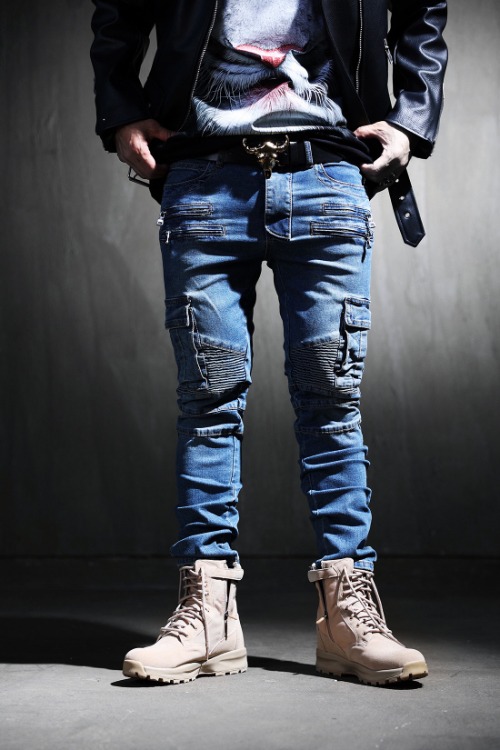Multi-zip mid-jean denim biker jeans