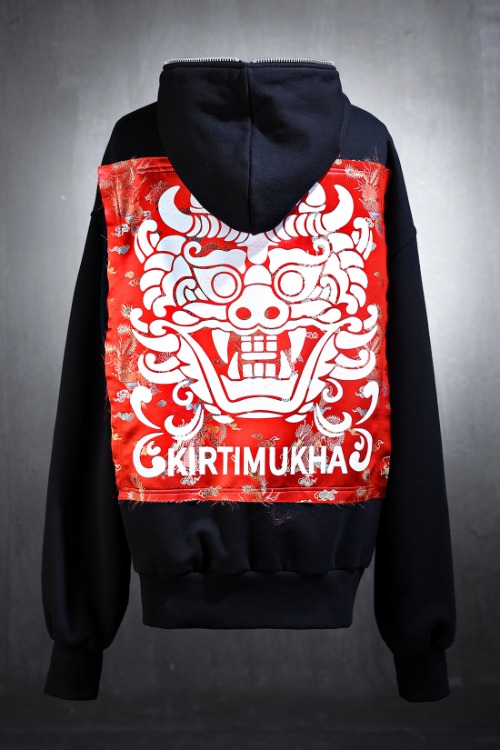 ByTheRMukha Red Oriental Fabric Patch Hooded Zip Up