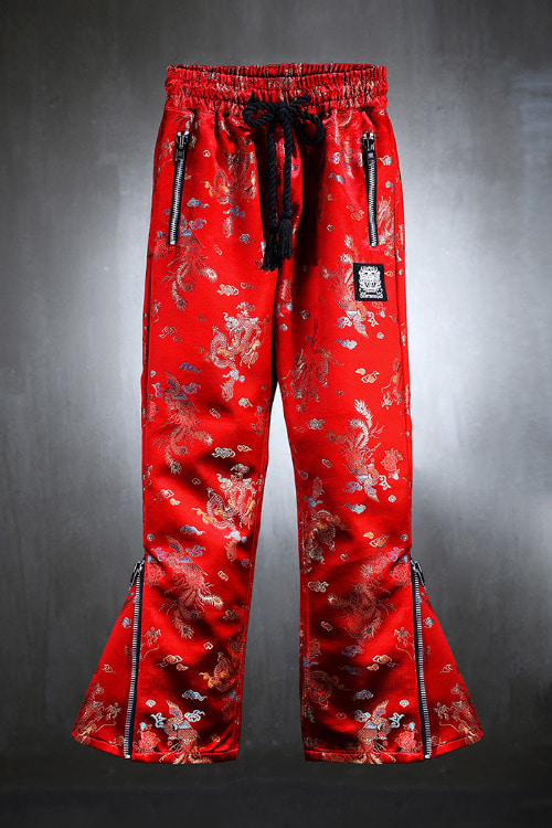 ByTheRMukha Red Oriental Fabric Slit Wide Pants