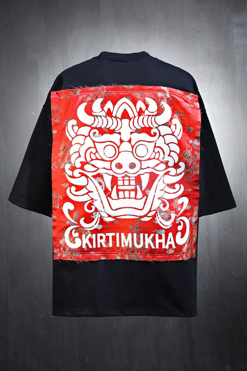 ByTheRMukha Red Oriental Fabric Patch Short Sleeve Tee Black