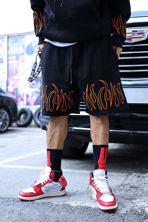 Flame Embroidered Cotton Shorts