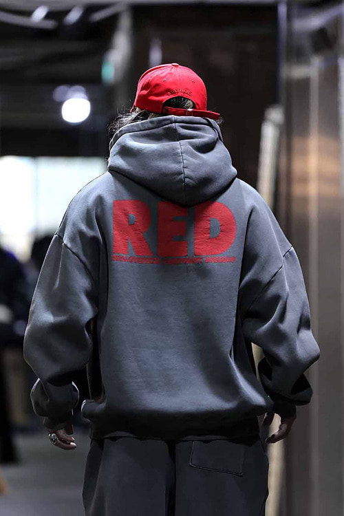 Red vintage printed pigment brushed hoodie