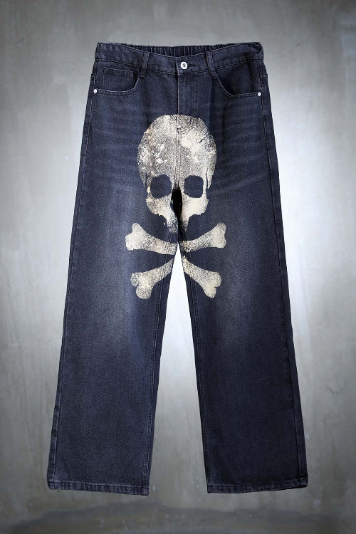 ByTheR Big Skull Bleach Black and Blue Wide Pants