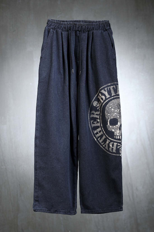 ByTheRByTheR Side Big Logo Bleach Washing Black and Blue Wide Pants