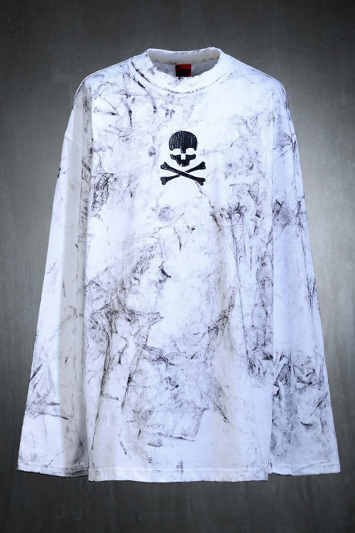 ByTheR Center Skull Rough Painting T-Shirt White z