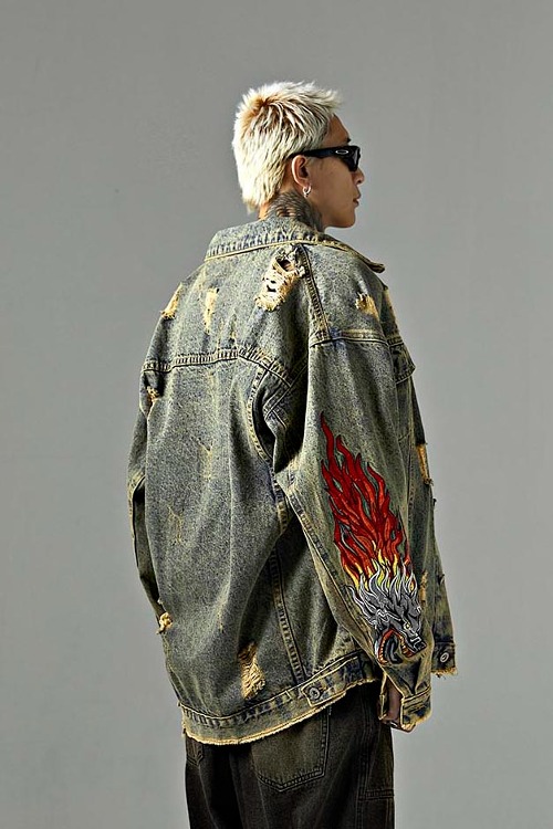 Fire wolf embroidered damaged denim jacket