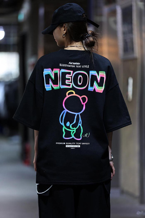Bear neon lettering loose fit short sleeve t-shirt