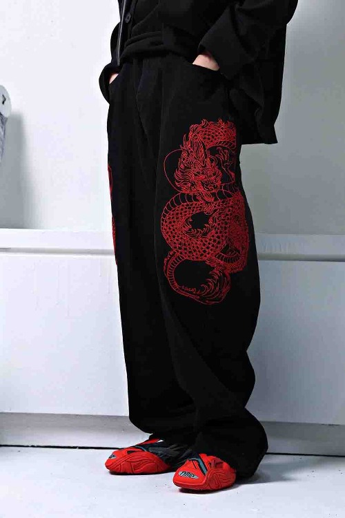 Dragon embroidered wide denim pants