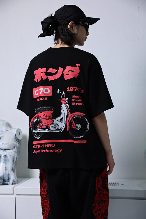 Honda retro bike printing short sleeve t-shirt