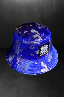 ByTheRMukha Embroidery Patch Oriental Fabric Bucket Hat Blue