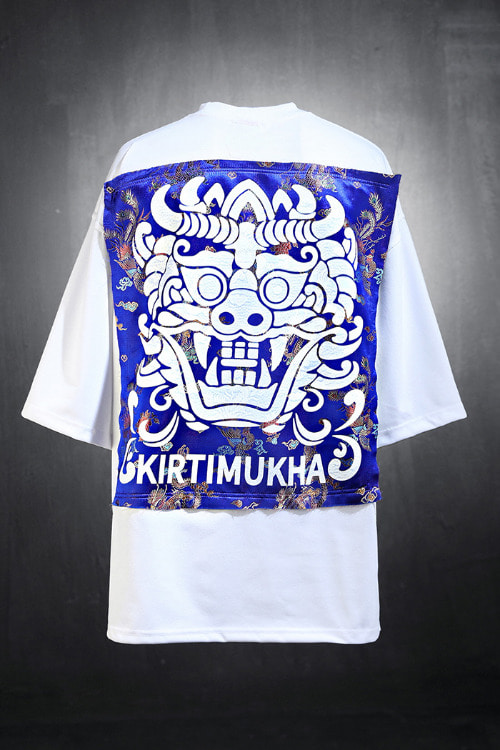 ByTheRMukha Blue Oriental Fabric Patch Short Sleeve Tee White