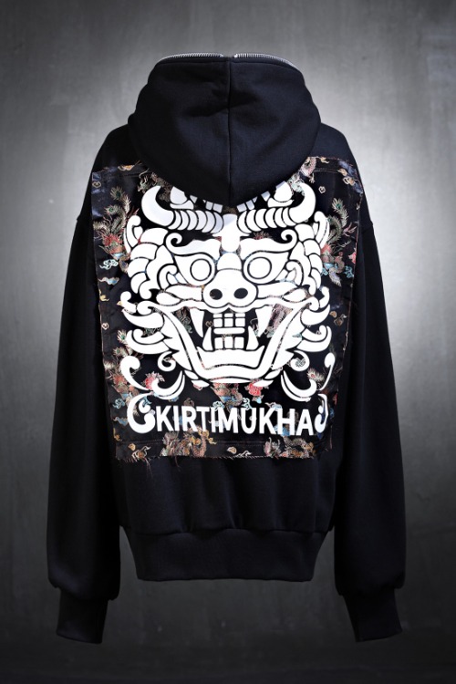 ByTheRMukha Black Oriental Fabric Patch Hooded Zip Up