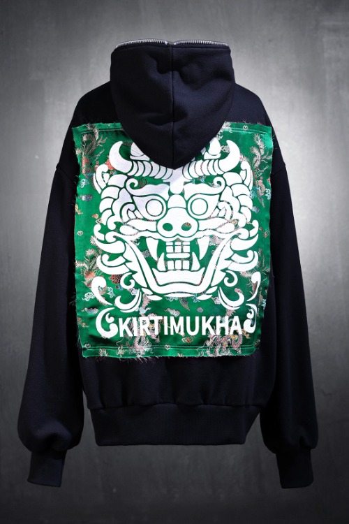 ByTheRMukha Green Oriental Fabric Patch Hooded Zip Up