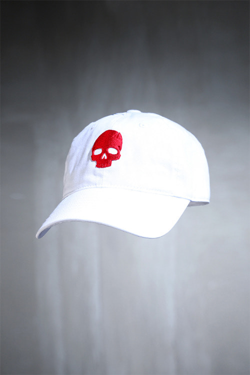 ByTheRByTheR Red Skull Embroidered Logo Ball Cap White