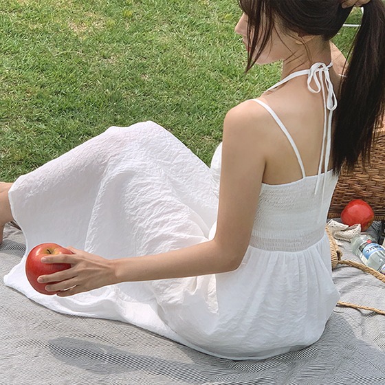 夏キャミソール💙ロングワンピース] シャーリングキャミソールモダール
