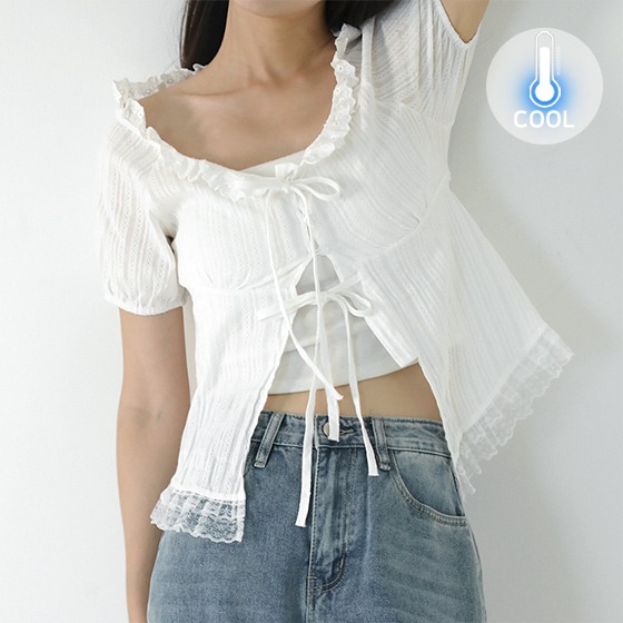 半袖💙夏ブラウス] ラブリーシャーリングレースブラウス (リボン