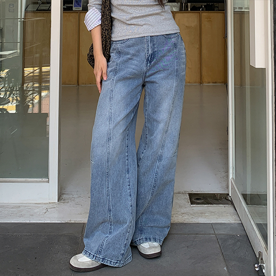 秋先取り🤎裾ボタン/フィット調節] カットラインリベットワイド