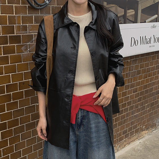 黒 レザー ジャケット ルーズフィット 🤎レザージャケット] モダンブレンドジャケット（秋ジャケット