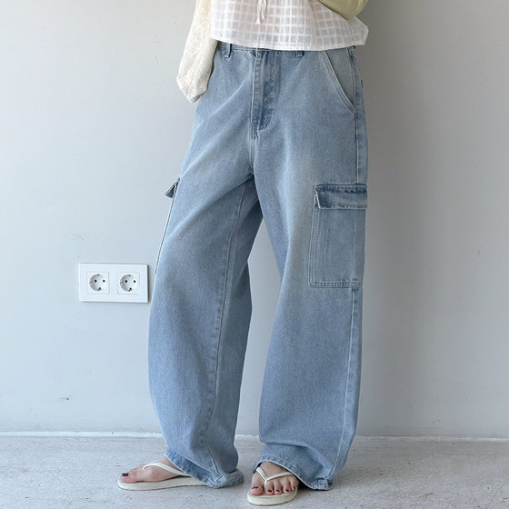 4カラー👖カーゴデニム] カーゴデニムパンツ(ワイド、ポケット、YKK
