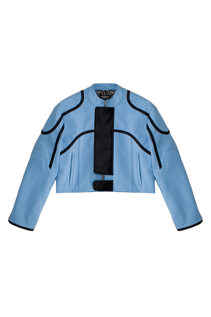 CROP PIPING ECO LEATHER JACKET_BLUE