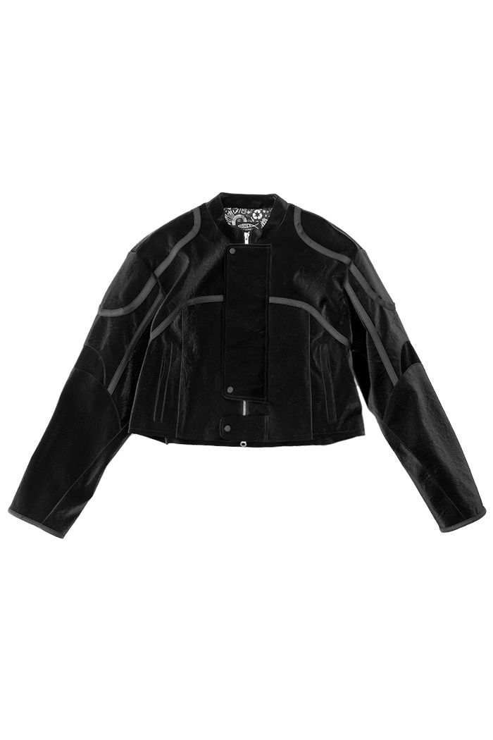 CROP PIPING ECO LEATHER JACKET_BLACK