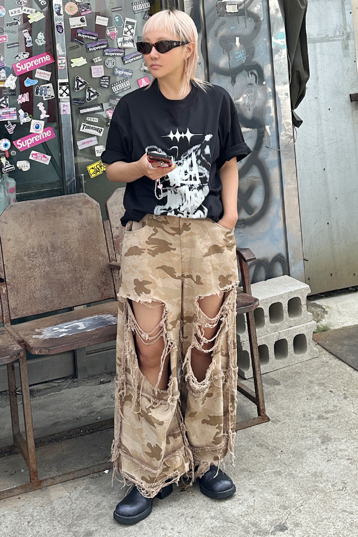 [CocaNButter] Camouflage Vintage Destroyed Wide Pants_Brown_