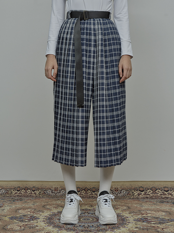 SALE ACIDITY - BELTED CHECK PLEATS PANTS (NAVY)