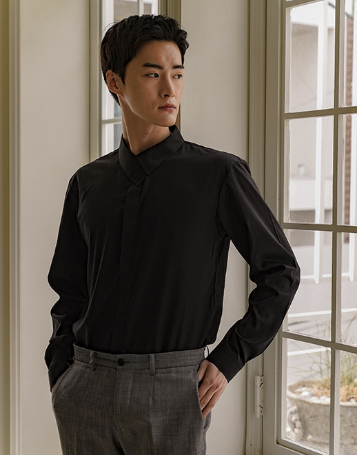 Side covered collar wrinkle-free stretch shirt #AS1932 Black
