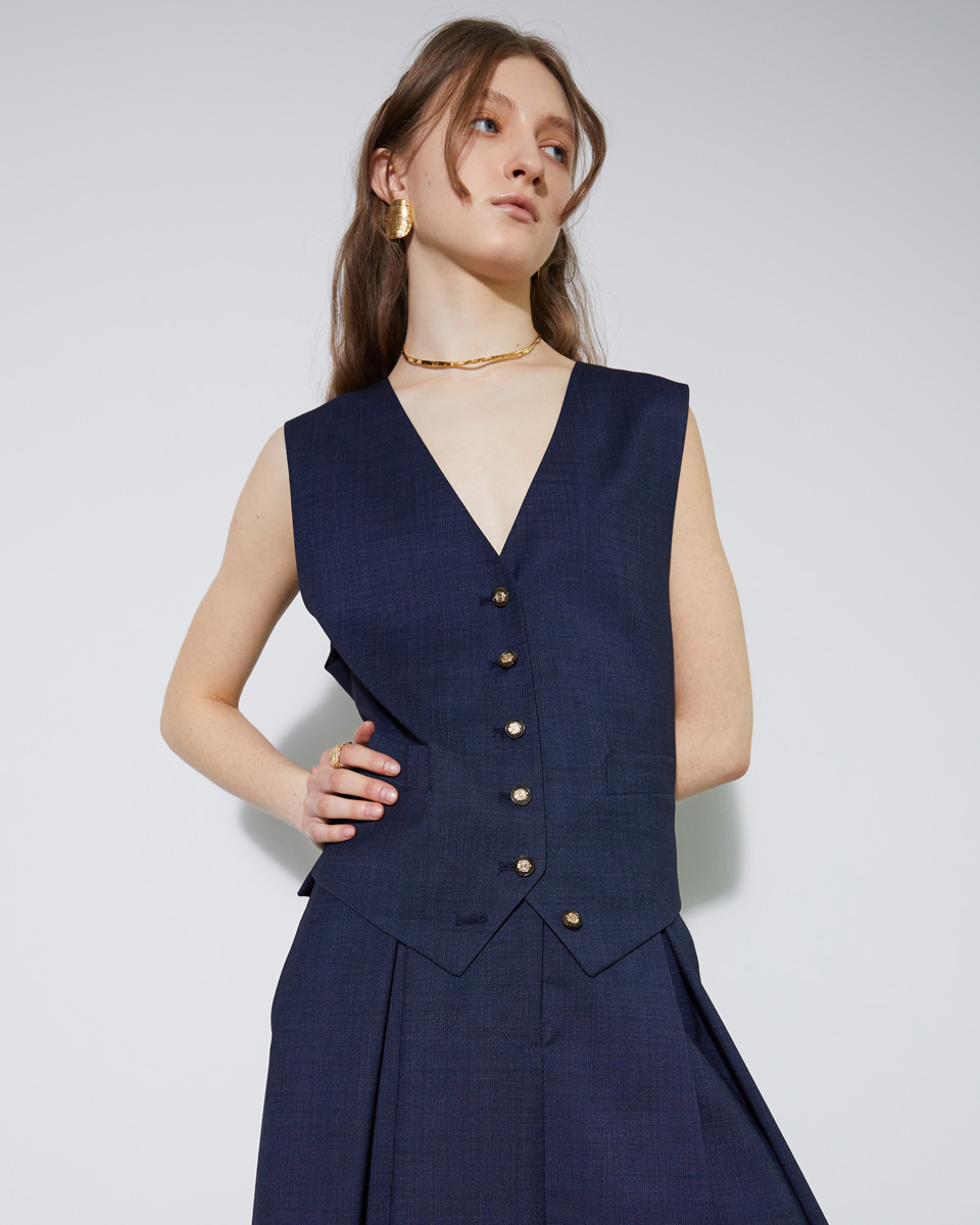 summer wool vest with buckle_navy