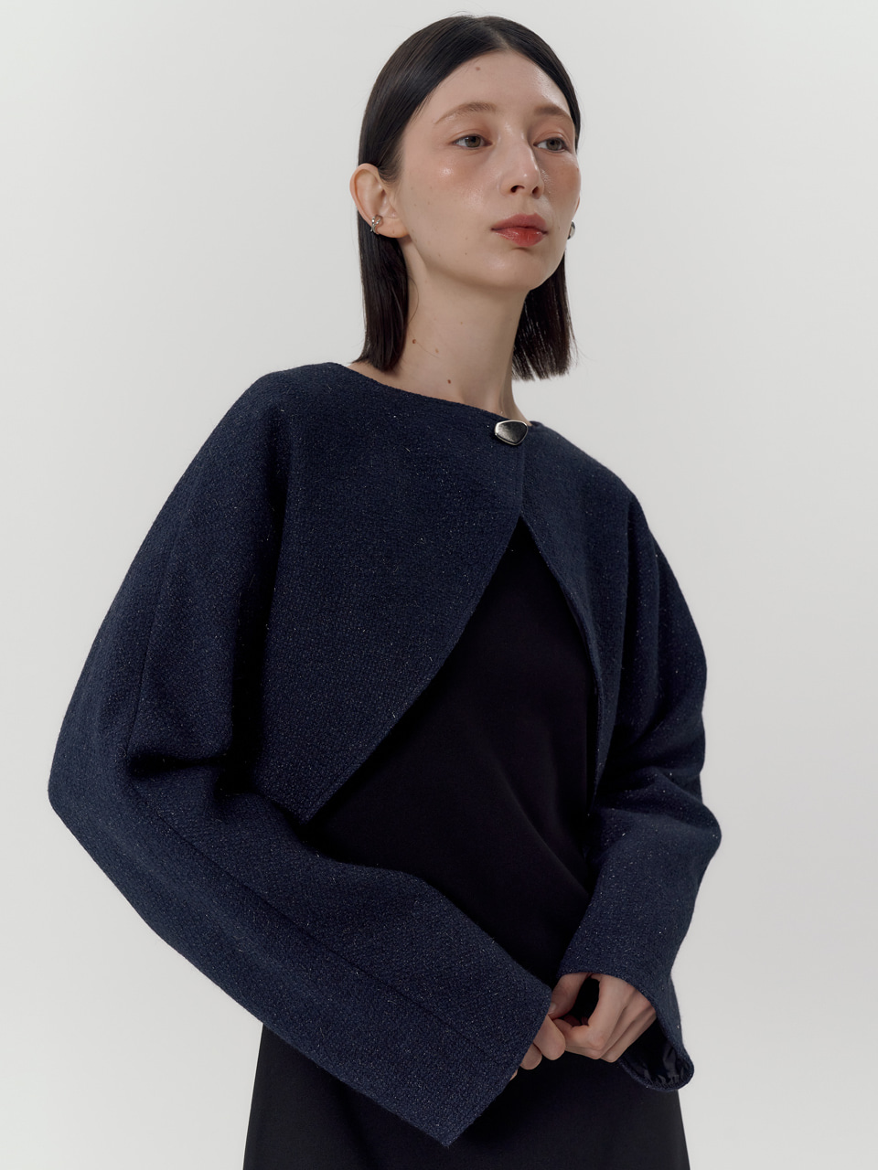 2-way wool-blend  tweed bolero_navy