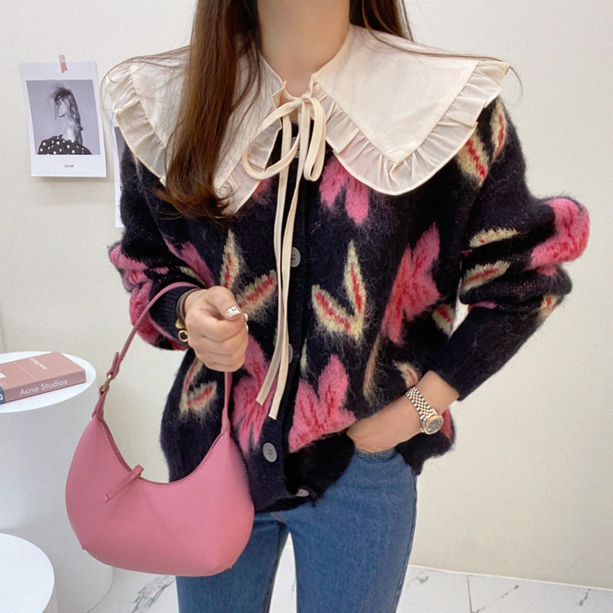Detachable Collar And Floral Knit Cardigan (Set)