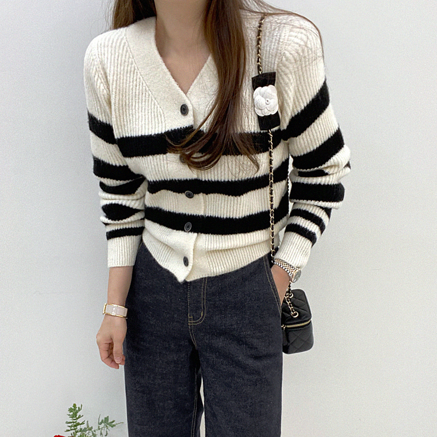 Striped Button-Front Knit Cardigan