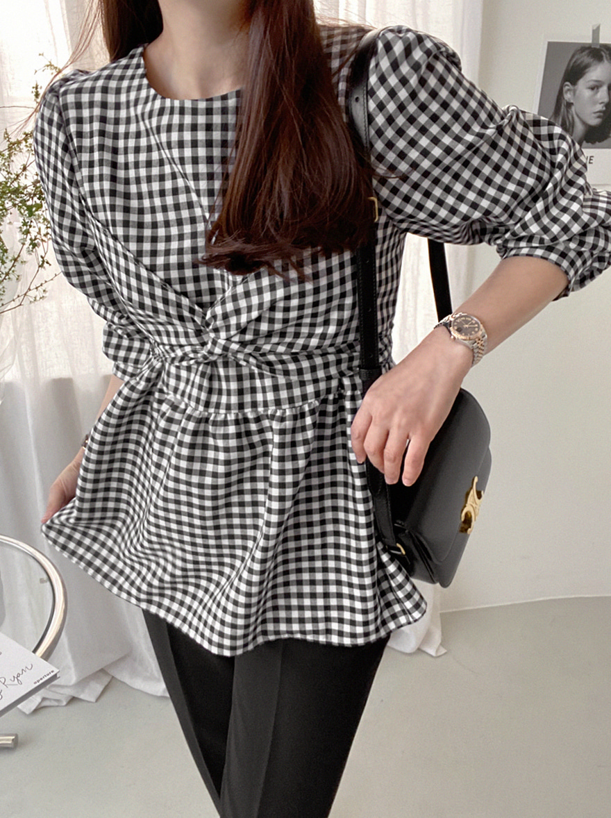Self-Tie Accent Check Pattern Blouse