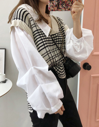 Contrast Sleeve Check Blouse