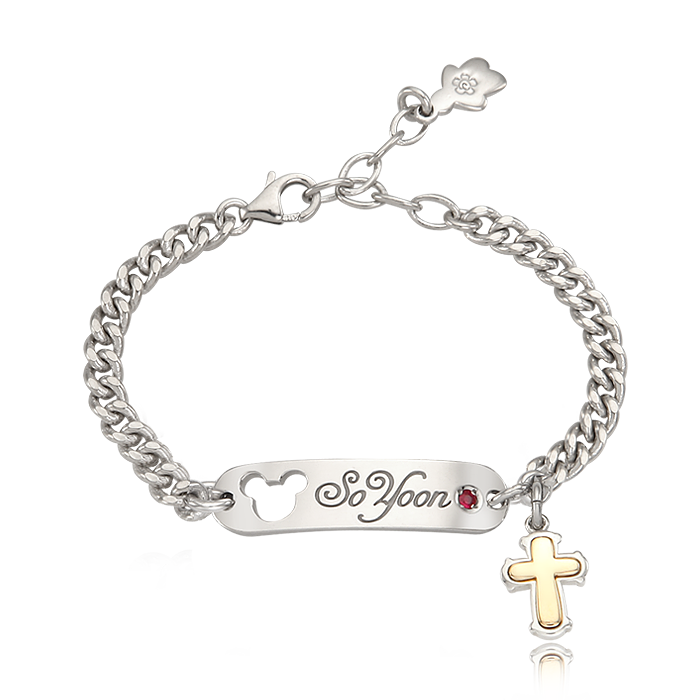 Kaiu Silver Elgin Stick Name Lost Child Prevention Bracelet [ 5K Gold Cross Charm ]