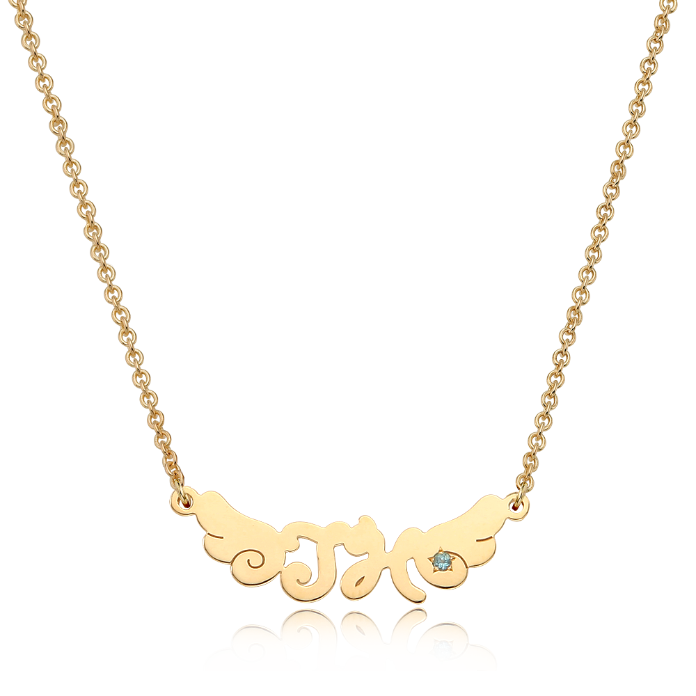 14K / 18K Gold Angel Wings Birthstone Baby Initial Necklace