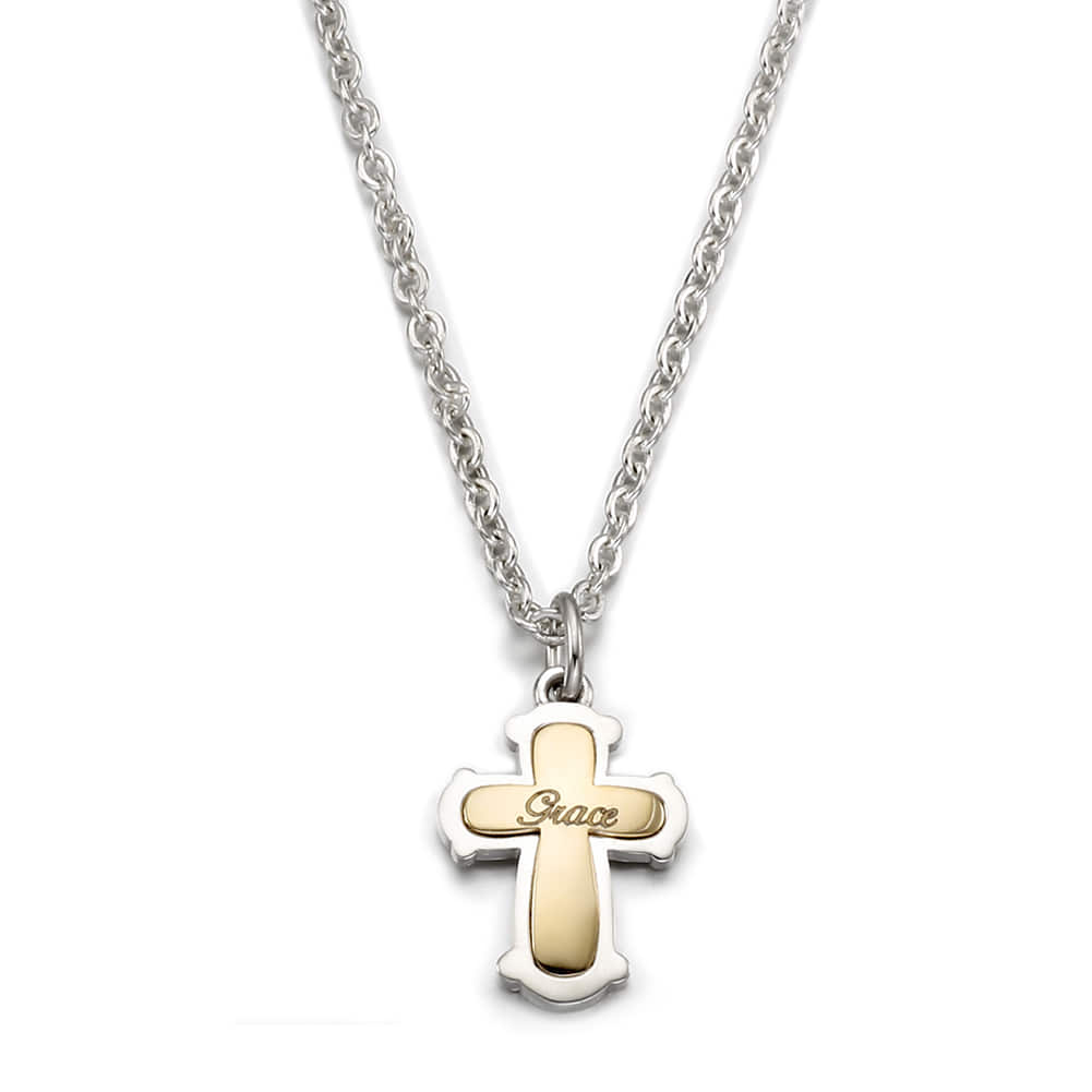 Rare Silver Sterling Silver Classic Cross 5K Gold Combination Necklace [ Baptismal Gifts / Personalized Baptismal Name Engraving ]