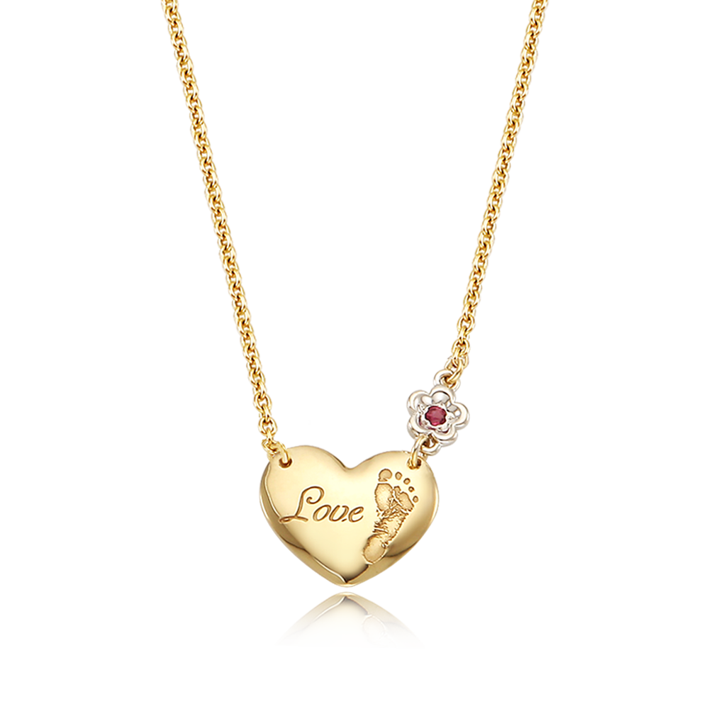 14K / 18K My Baby Foot Painted Heart-White Flower, Baby Birthstone Necklace