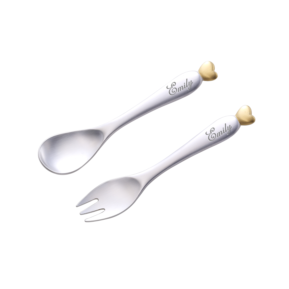 [Kaiu] Personalized Silver 99% Baby Spoon &amp; Fork with 24K Pure Gold Leaf Heart-Shaped