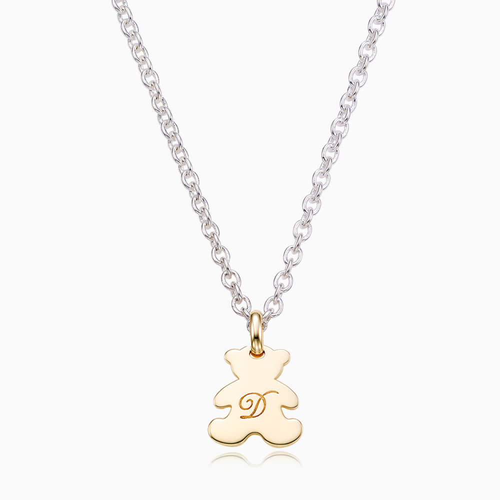 [For Kids] 5K gold teddy bear pendant and silver chain engraved necklace